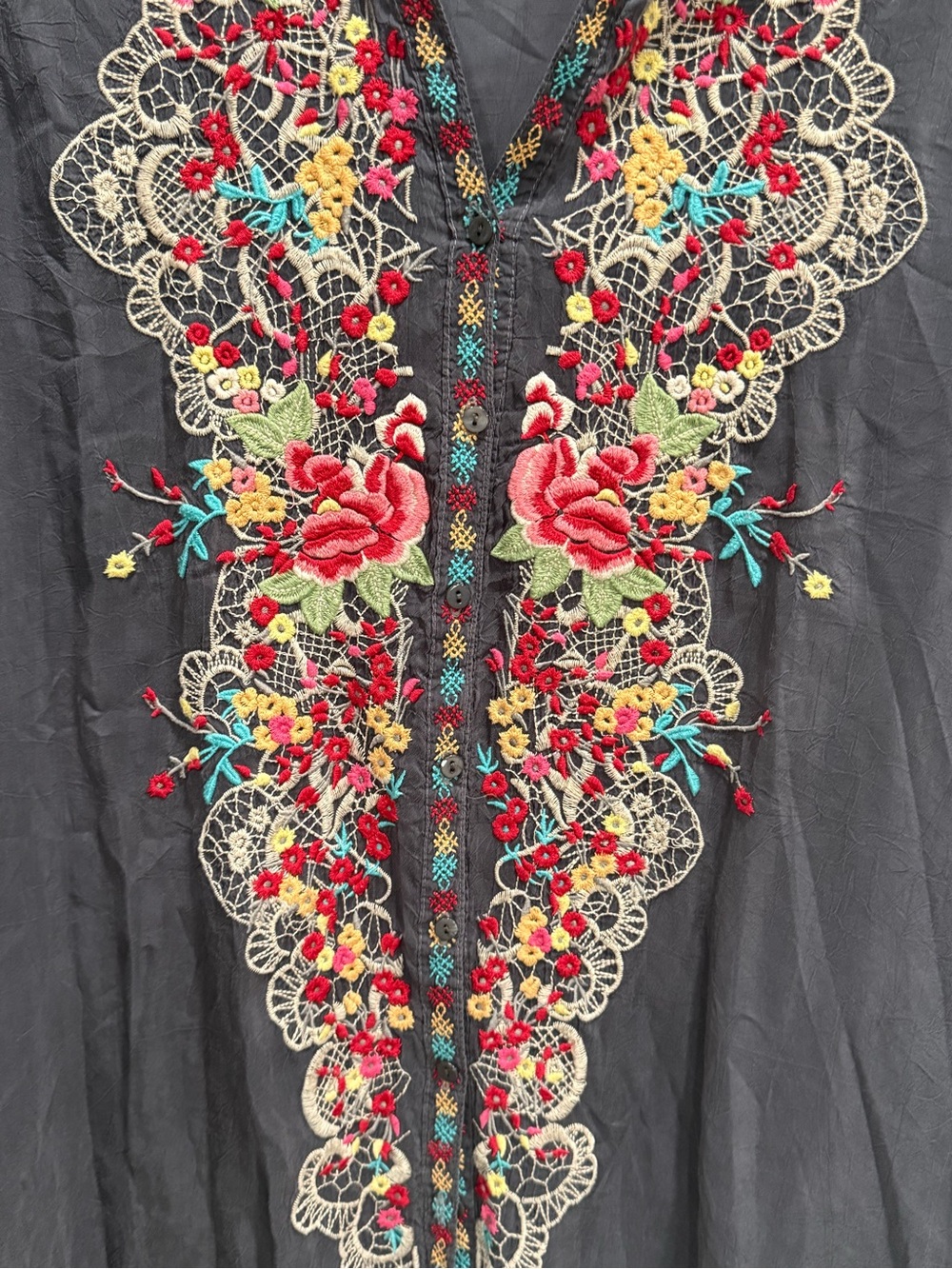 Johnny Was Women’s Floral Embroidered Slate Grey Long Sleeve Tunic - Picture 2 of 7